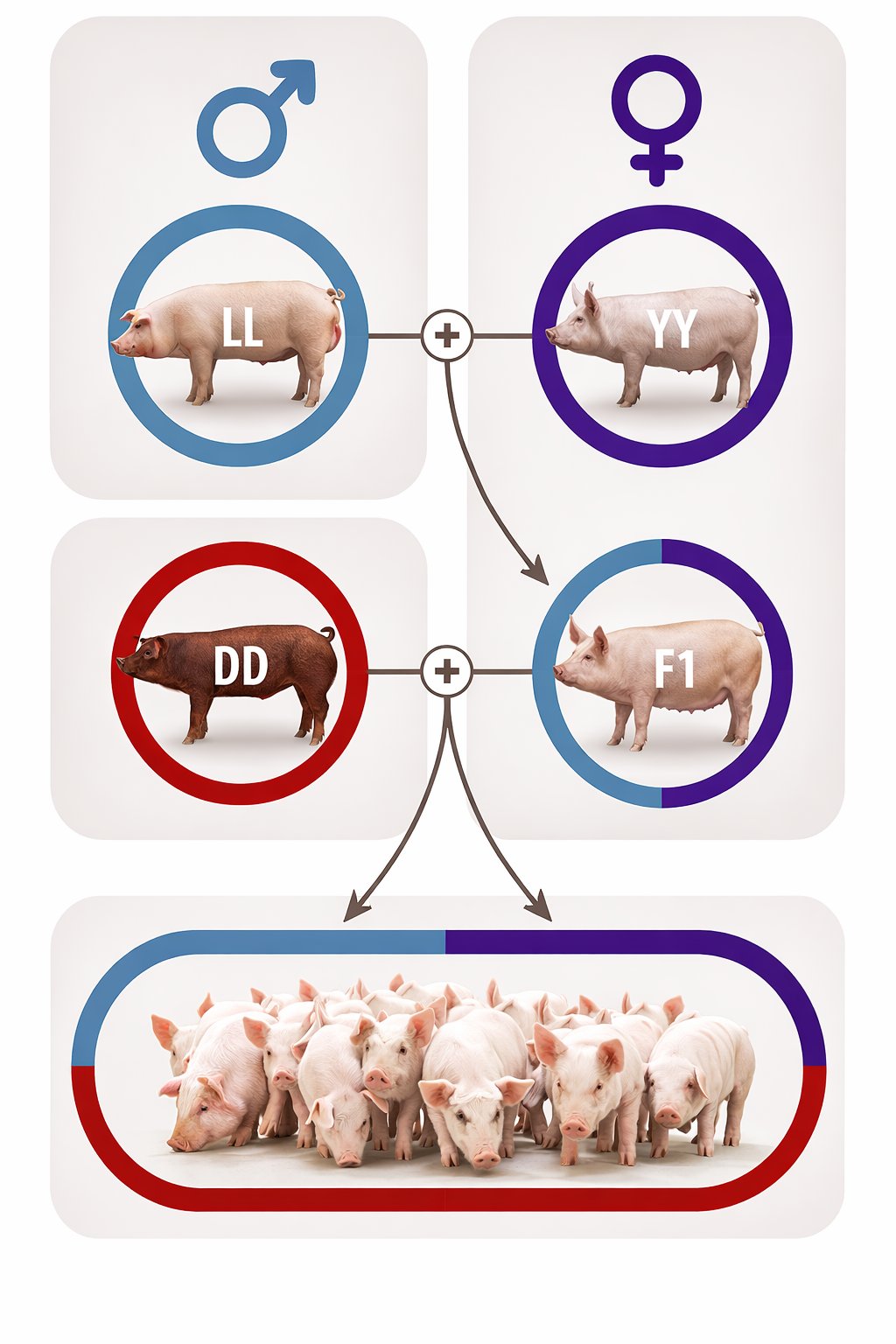 Shema F1×Duroc genetike — LL+YY→F1 hibrid, DD+F1→prasad za tov